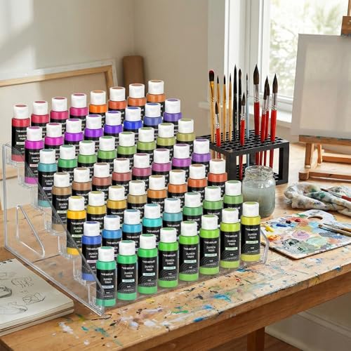 Image of 2 Pack 7-Layer Clear Acrylic Paint Holder Storage & Brush Holder Organizer | Easy Assemble Miniature Hobby Paint Bottle Rack for Model Paints, Small Airbrush Nail Polish Supply, Alcohol Ink Display