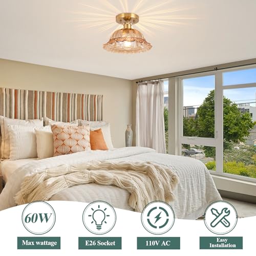 Image of Semi Flush Mount Ceiling Light, Vintage Ceiling Light 11 inch, Amber Shade Glass Hallway Light Fixture for Kitchen Porch Bedroom,Bulb Included