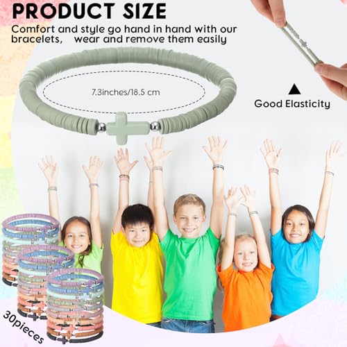 30 Pcs Cross Bracelets Bulk Jesus Bracelets Handmade Elastic Colorful Polymer Clay Beaded Religious Wristbands Christian Wristbands for Women Kids Sunday Halloween Christmas2
