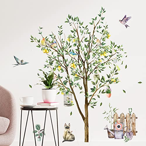 Tropical Plants Large Tree Wall Stickers With Flying Birds, Removable Pastoral Style Fruit Tree Birdcage Hanging Basket Decals Decor, Diy Art Murals For Nursery Bedroom Living Room Decoration #TOP8