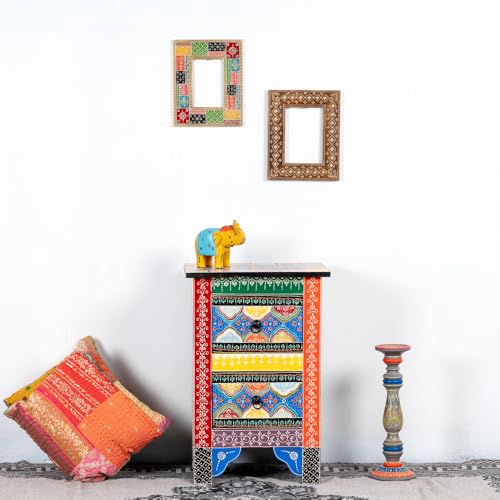Image of Wooden Bedside Table for Bedroom with Drawer | Solid Wood Nightstand, Hand Painted Bed Side Table | Medium Size Storage Cabinet for Living Room, Multicolour-BS2