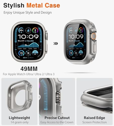 Image of ULTIMAL 3 in 1 Alloy Case for Apple Watch Ultra 3 /2 /1 49mm with Dual-Layer Shockproof Bumper, 9H Tempered Glass Screen Protector & Ceramic-Like Back Cover, Silver
