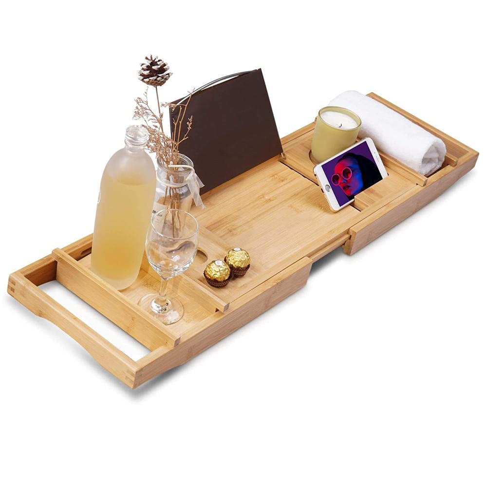 JLVAWIN Bamboo Bathtub Caddy Tray, Extendable Bath Caddy Tray with Tablet Book Cellphone and Wine Holders Can Give You a Luxury and Romantic Spa