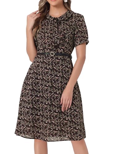 Image of Allegra K Women's Peter Pan Collar Tie Neck Short Sleeves A-Line Elegant Belted Vintage Floral Dress