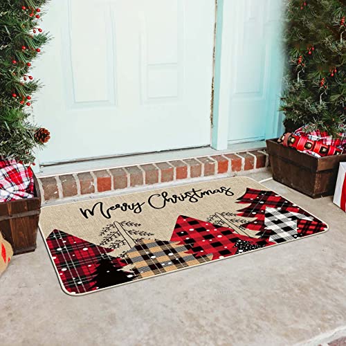Baccessor Merry Christmas Doormat, Buffalo Plaid Christmas Trees Decorative Indoor Outdoor Entrance Doormat Xmas Winter Welcome Door Mat Anti-Slip Rubber For Seasonal Holiday Decoration 17 X 29 Inch #TOP1