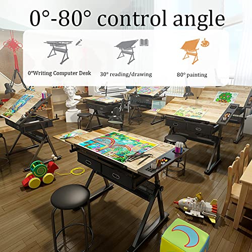 Drawing Table Adjustable Drafting Table with Stool, Tiltable Draft Desk Drawing Table, Bamboo/Sood Tabletop Drawing Table, with Storage and Drawers, Art Desk for Drawing Painting W