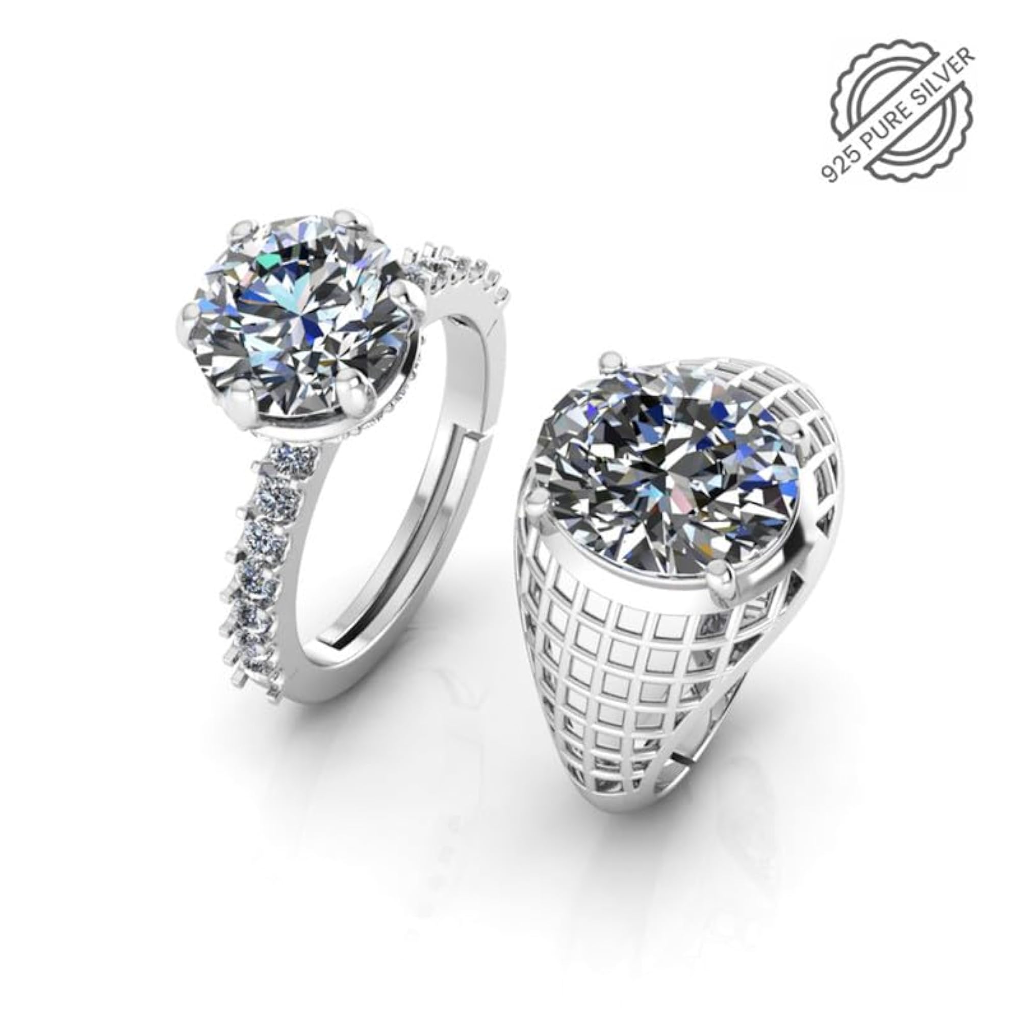 925 Pure Silver Adjustable Rings for Couple, Rhodium Plated