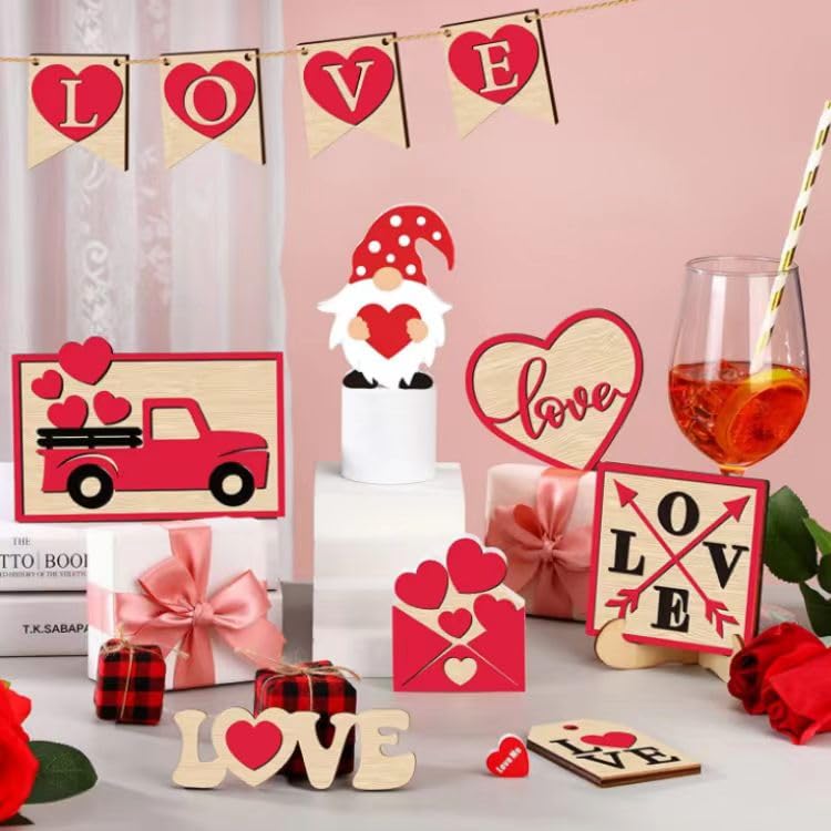 Valentine's Day Tiered Tray Decor, Farmhouse Decor Set, Valentine's Day Stereoscopic Exquisite Relief Design Sign Rustic Table Ornaments for Kitchen Table Decoration, Gift (Love)