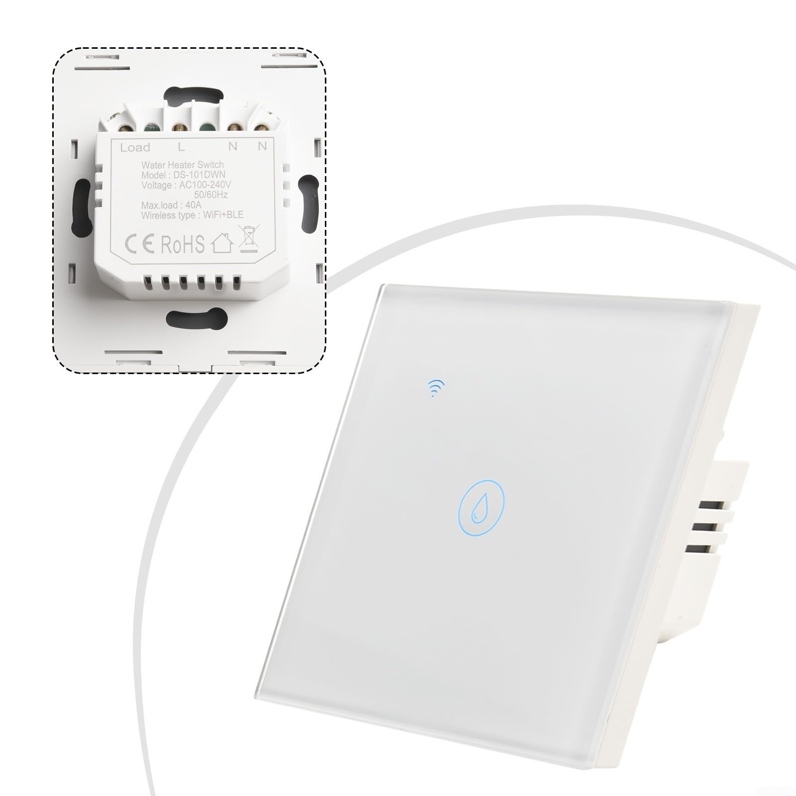 Yhenlovtt Interruptor inteligente de caldera táctil de pared con WiFi de 40 A, 2,4 G, interruptor temporizador con control de aplicación y funciones de activación de voz (blanco)