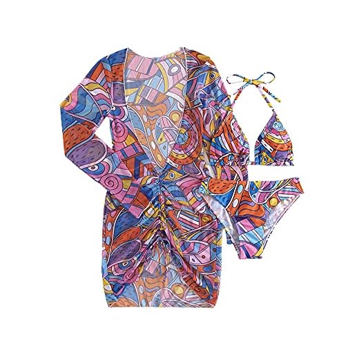 SOLY HUX Women's Printed Triangle Halter Bikini Bathing Suit with Cover Up 3 Piece Swimsuits Multicoloured M