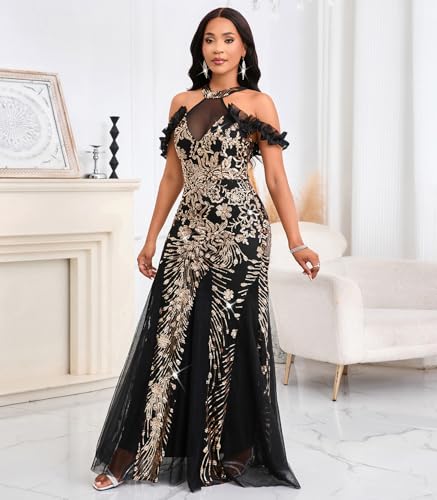 Image of Cololura Women Sexy Sequin Halter Neck Short Sleeve Mesh Perspective Party Bodycon Evening Cocktail Maxi Dress