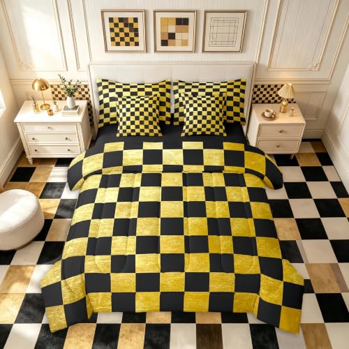 Image of Checkered Retro Comforter Set With Sheets 7 Piece Twin Size Golden Black Plaid Bed in a Bag Kids Boys Girls Geometric Vintage Bedding Set Modern Simple Groovy Aesthetic Bedroom Decor Breathable Soft