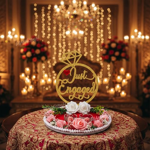 Image of Divyakosh Just Engaged Red MDF Engagement Ring Holder Tray 8x9 inch | Classy Ring Platter for Engagement Ceremony | Engagement Ring Display Box for Couples | Decorative Ring Holder Gift Tray