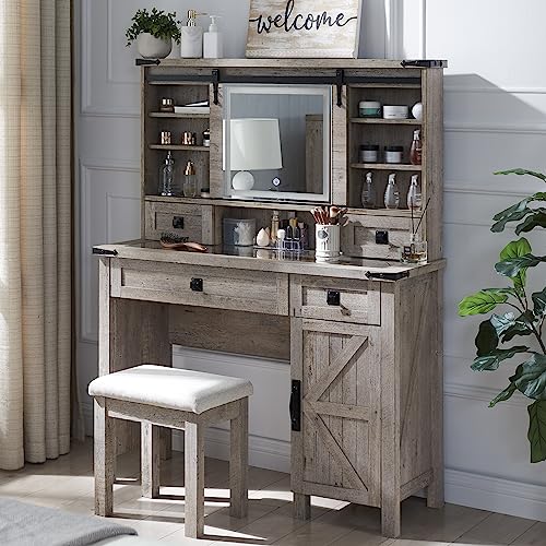 T4TREAM Farmhouse Makeup Vanity Desk with Sliding Mirror and Lights, 42'' Glass Tabletop Vanity Table with 2 Drawers & Shelves, Rustic Big Vanity Set for Bedroom, Light Rustic Oak