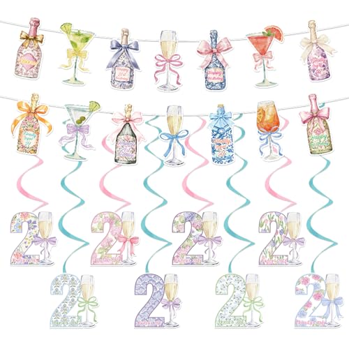 Image of Happy 21st Birthday Decorations - 10PCS Champagne Wine Bottle Martini Drinks Party Banner Hanging Swirls Decor, Happy 21 Twenty-One Years Old Bday Party Supplies for Women Men