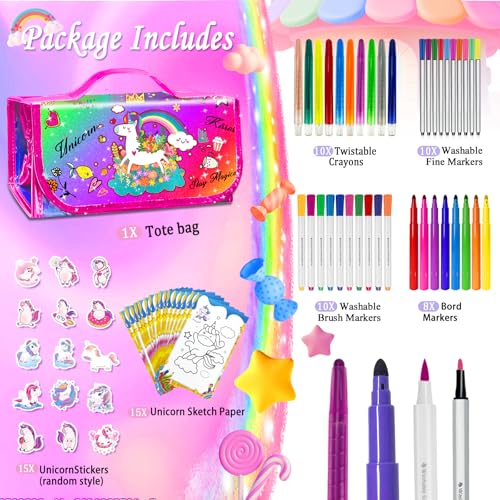 Image of weirtoya 56 PCS Washable Scented Markers with Glitter Pencil Case, Mermaid Unicorn Arts and Crafts for kids 4-6-8 Kids Coloring Drawing Kits for 4-8 Years Old Girls (Rainbow, 70)
