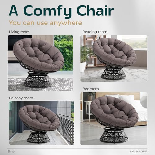 Image of Bme Ergonomic Wicker Papasan Chair with Soft Thick Density Fabric Cushion, High Capacity Steel Frame, 360 Degree Swivel for Living, Bedroom, Reading Room, Lounge, Smoky Quartz - Black Base