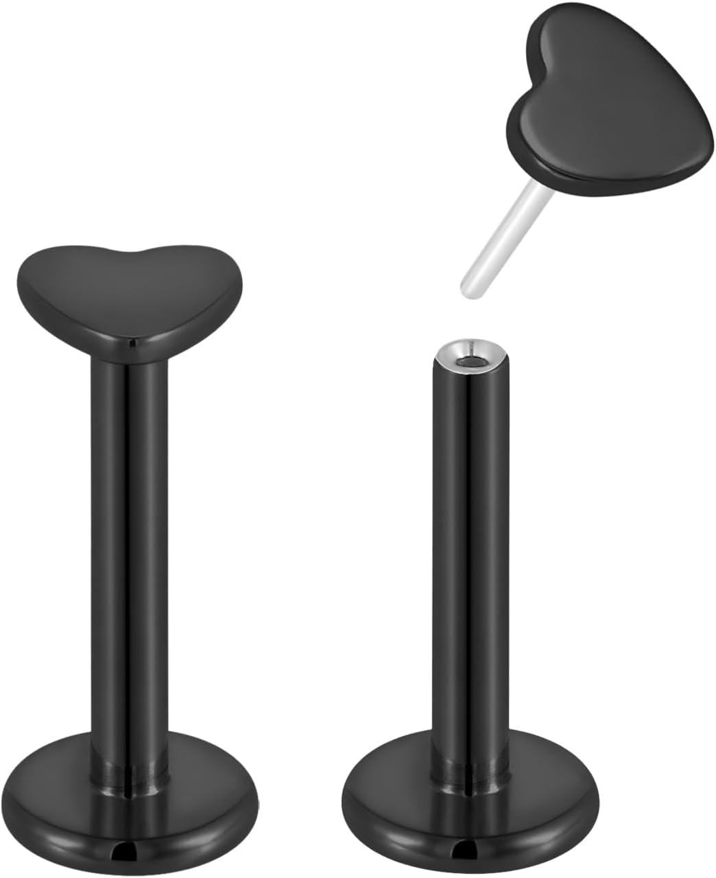 2PCS Titanium Love Heart Threadless Labret | 16G Flat Back Stud Earrings | Tragus Helix Cartilage Conch Lip Monroe | Implant Grade Body Piercing Jewelry