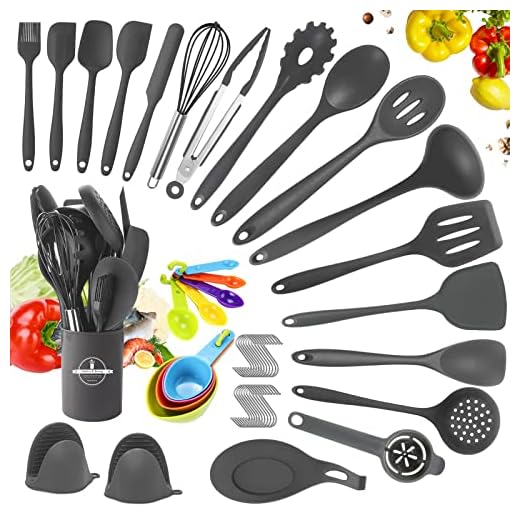 YUTUY Utensilios de Cocina de Silicona,49pcs Juego de Utensilios de Cocina,Utensilios Cocina de Silicona Antiadherente,Resistente al Calor,Cucharas de Cocina,Cucharas de Drenaje-Gris Oscuro