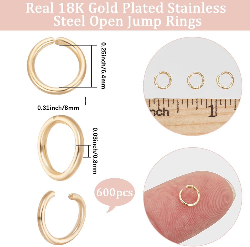Beebeecraft 600Pcs 8mm Jump Rings 18K Gold Plated 304 Stainless Steel 20 Gauge Open Connector Jump Rings for Jewelry Making DIY Findings Earring Necklace Bracelet