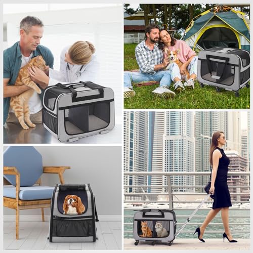 Extra Large Double Pet Carrier with Wheels for Small Dogs and All-Breed Cats, Cat Rolling Carrier for 2 Cats, Support up to 40 Lbs, Grey