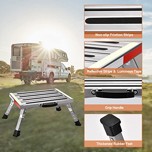 Soctone Rv Step, Adjustable Height Folding Platform Step With Non-Slip Rubber Feet, Reflective Strips, Handle And Glow In The Dark Tape, Aluminum Step Stool Can Support Up To 1000Lbs #TOP1