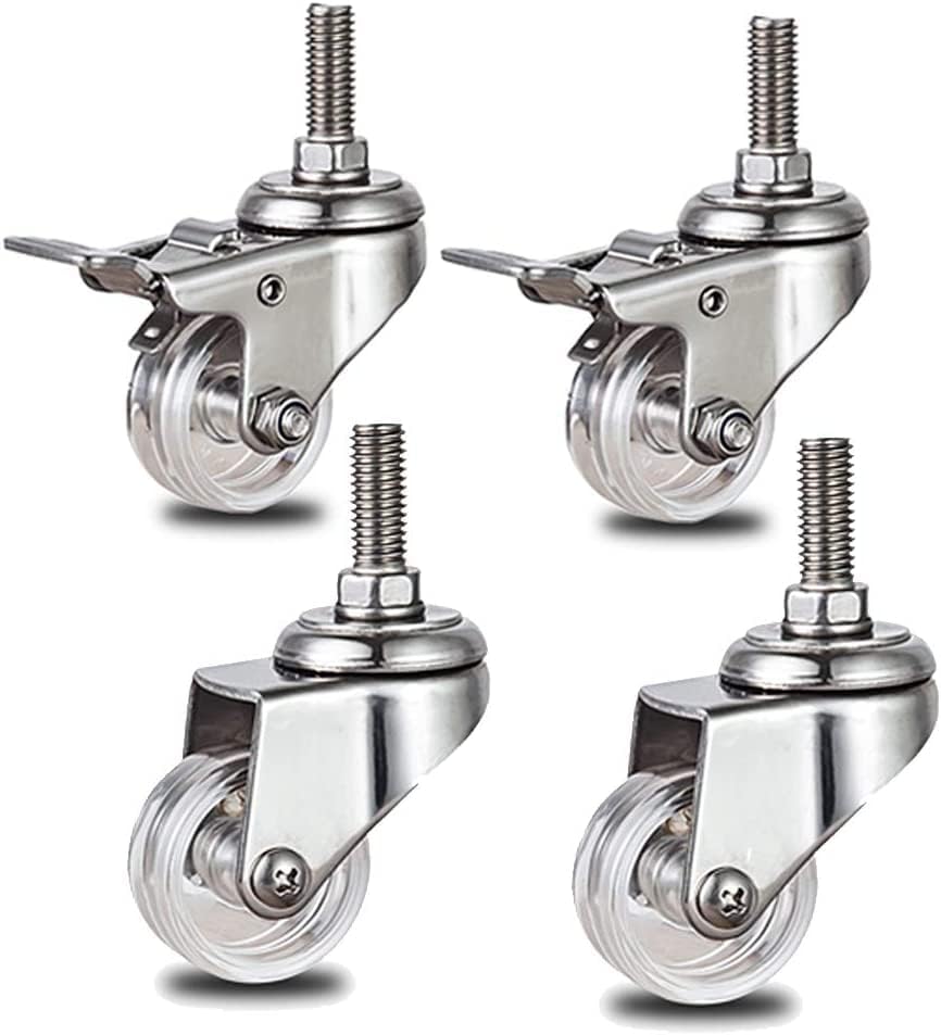 Heavy Duty Castor,Pack of 4 Swivel Metal Stem Caster,Heavy Duty Castors,Transparent PC-Material Furniture Wheel,304 Stainless Steel Bracket,with Threaded Stem M10,Capacity 231lb,for Chair Table (2in,B