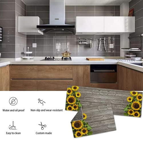 Dounaneas 2 Pcs Kitchen Rug Set, Sunflowers On Wood Board Design, Non-Slip Cushioned Anti-Fatigue Mats And Rugs Soft Crystal Velvet Non-Slip Doormat Carpet, White, 47X16 Inch + 24X16 Inch #TOP2