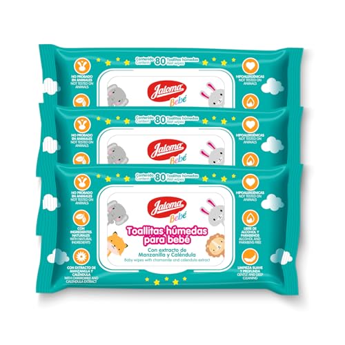 Image of JALOMA Baby Wipes with Chamomile and Calendula Extract, Hypoallergenic and Paraben Free, Pack of 3, 80 Wet Wipes Each (240 Count)