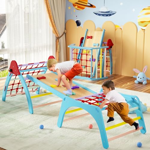 Image of TOLEAD Pikler Triangle Set, Montessori Climbing Set, Climbing Toys for Toddlers 1-3 Inside, Foldable Baby Climbing Wooden Toys for Toddlers 1-6 Years