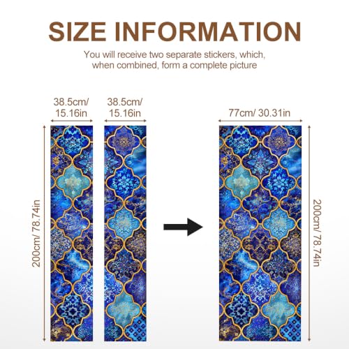 Image of Moroccan Tile Door Sticker, Blue Gold Door Cover, 30.3x78.7in