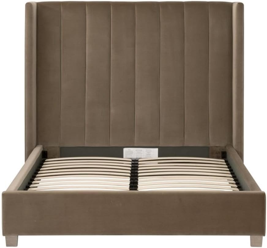 Pemberly Row Wing Headboard Queen Bed, 71.25" x 61.75", Caramel Velvet Upholstery, Solid Oak Feet with Natural Gray Finish, Vertical Channel Stitching, Removable Metal Slat System, Transitional