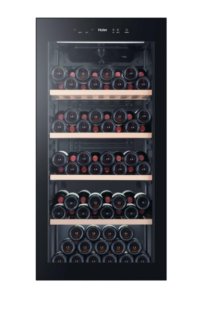 Diagram showing a 750ml wine bottle dimensions and the 117 bottle capacity of the wine cooler