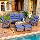 HILLGA 7-Piece Luxury Patio Furniture Set with 6' Thick Cushions, Weather-Resistant Wicker High Back Swivel Rocker Chairs, Senior-Friendly Outdoor Sofa Set for Large Deck, Yard and Poolside, Blue(V2)