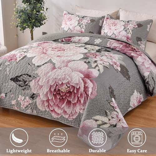 WONGS BEDDING Grey Quilt Queen Size, 3 Pcs Pink Floral Bedspread Bedding by WONGS BEDDING - Used condition - Image 3