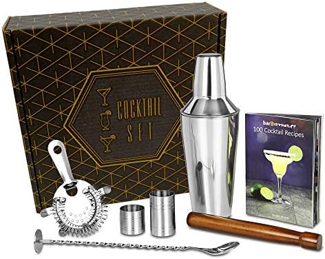 Manhattan Cocktail Shaker Set in Recyclable Box by bar@drinkstuff | Home Cocktail Making Kit with Cobbler Shaker, Cocktail Book, Cocktail Strainer, Muddler, Mixing Spoon, 25ml & 50ml Thimble Measures