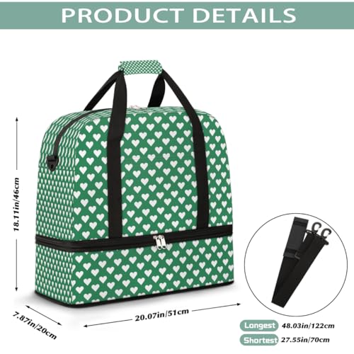 Sports Gym Bag Green Heart Dots Large Travel Duffel Bag With Shoe Compartment Foldable Waterproof Carry-On Weekend Travel Bags for Camping Overnight Yoga Hospital Travel Bags2
