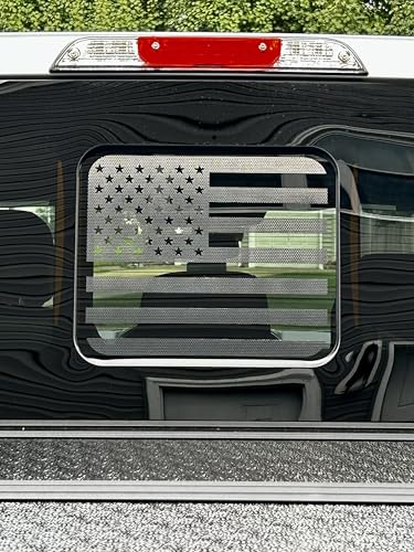 Image of Truck Rear Middle Window Perforated American Flag Decal - See-Through Matte Black Vinyl for Ford F150 (2015-2025) & F250 /F350 Super Duty (2017-2025) - Subdued Patriotic Rear Window Graphic 13 inch x 11 inch