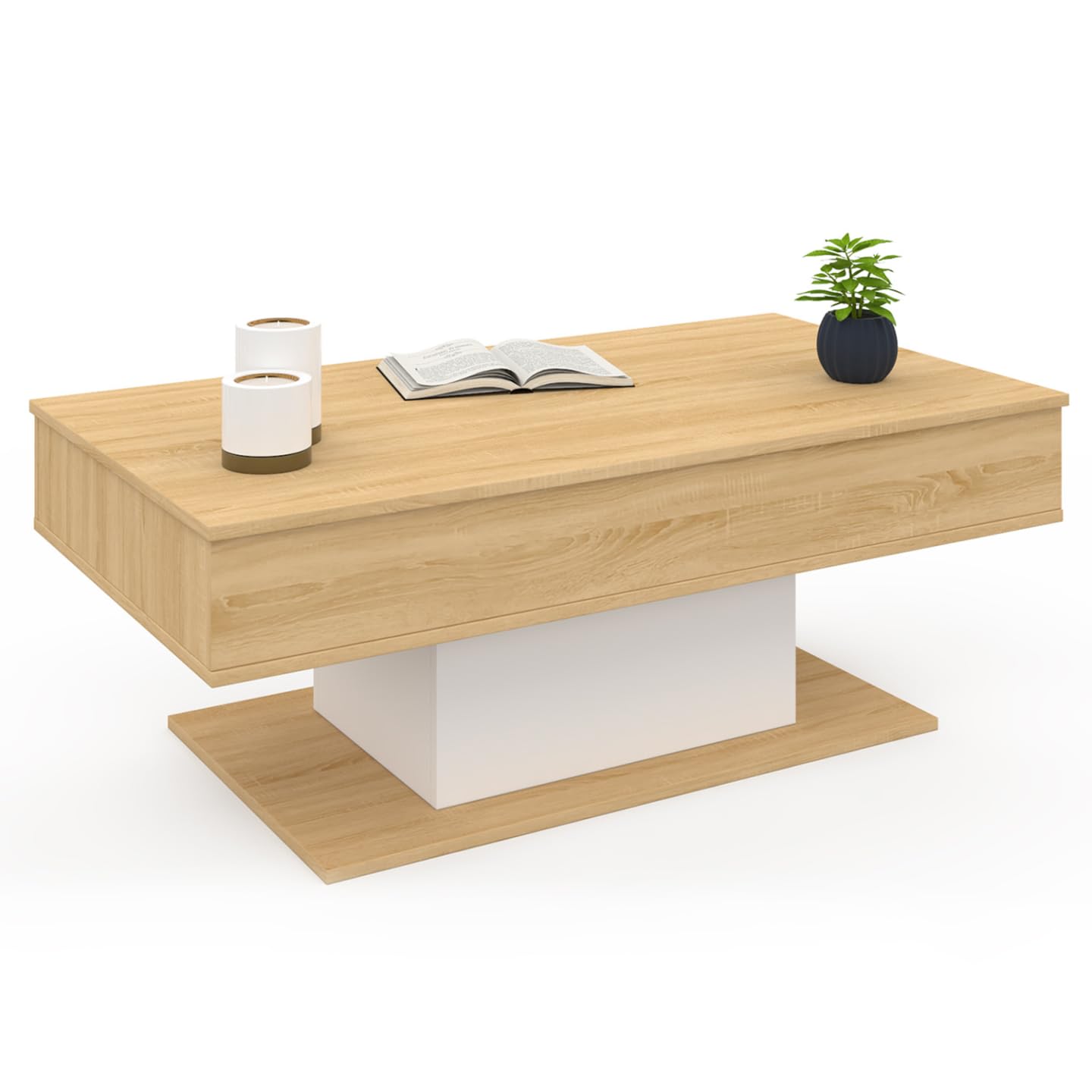 IDMarket - Mesa Baja con Bandeja Elevable Rectangular Eden Madera y Blanco