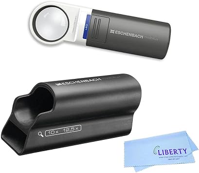 Eschenbach Optik Mobilux LED Handheld Magnifier with Mobase Stand - 10x or 12.5X Magnification Hands Free Light and Low Vision Aid Liberty Microfiber Cloth 10x, 1511-10, 1511-12, 1511-004