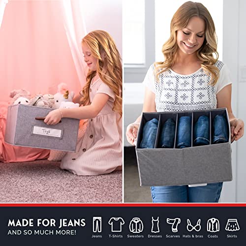 Multifunctional Jeans Organizer For Closet- Foldable Washable Wardrobe Closet Pants Organizer With Label Windows, Labels, Carrying Handles & 5 Large Grid Removable Dividers- Gray Wood Handles, 3 Pack #TOP5