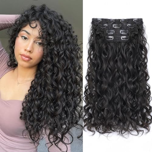 Vigorous Curly Clip In Hair Extensions,4PCS 20 inch Thick Curly Hair Extensions Lace Weft Clip Ins Invisible Natural Synthetic Hairpieces for Women,Black(1B)