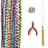 Feather Hair Extensions, 100% Real Rooster Feathers, Long Rainbow Colors (RAIN Striped Kit)