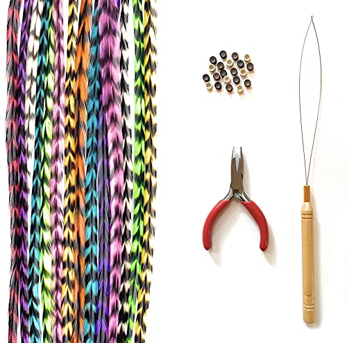 Feather Hair Extensions, 100% Real Rooster Feathers, Long Rainbow Colors (Rain Striped Kit) #TOP11
