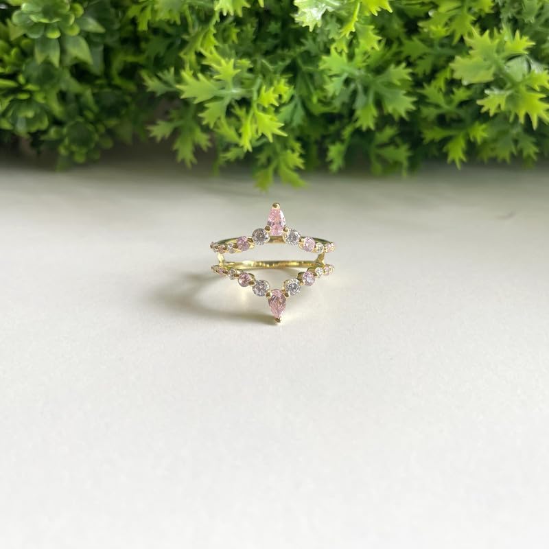 Alternate Pink Sapphire & White Diamond Contour V Shape Enhancer Guard For Women, 14K Gold Plated 925 Silver September Birthstone Pink Sapphire Chevron V Shape Enhancer Wrap Guard Matching Band