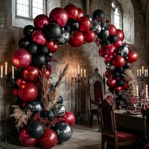 Image of Black Red Balloons Thick Double Stuffed Black Burgundy Balloon Garland Arch Kit for Gothic Vampire Till Death Do Us Rip To Twenties Halloween Birthday Party Decorations