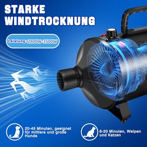 3500W Hundefön Blower Sehr Leise Tierhaartrockner Blower Hundefön Einstellbare Geschwindigkeit mit 4 Düsen Pet Dryer Fön für Haustiere Haustier Hundepflege Trockner Hundetrockner Gebläse für Hunde