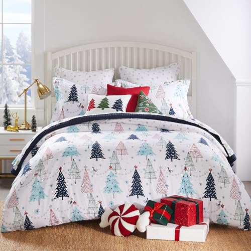 Levtex Home - White Pine Comforter Set - King Comforter (106 x 94in.) + Two King Pillow Cases (36 x 20in.) - Christmas Tree - Blue, Red, Green, White - Polyester