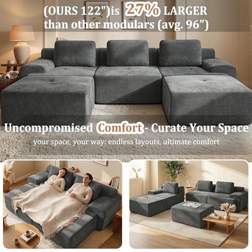 Image of 159 inch L-Shaped Modular Sectional Sofa, Oversized Boneless Cloud Couch for Living Room with Extra Deep Seat & High Back, Tool-Free No Assembly, Soft Chenille (Dark Grey, 159 inch-L Shaped（4+1）)