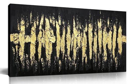 Large Hand Painted 3D Canvas Wall Art for Living Room, Neutral Abstract Black and Gold Texture Minimalismt Painting Handmade Picture Artwork Wall-Decor for Bedroom Home Decoration, Size 40x20 inches